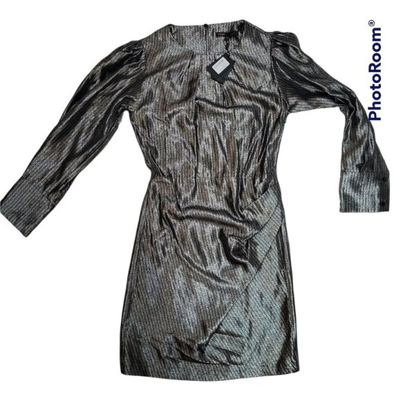 NWT Maje Ralery Mini Dress Argent Women's Striped Metallic Long Sleeve - Size 4 - Picture 2 of 12